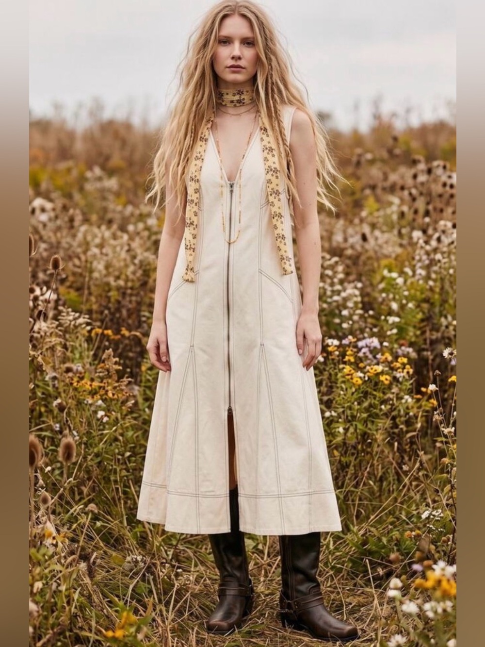Free People Santino Midi Cream Denim Zip-Front Midi Dress Contrast Stitch R15